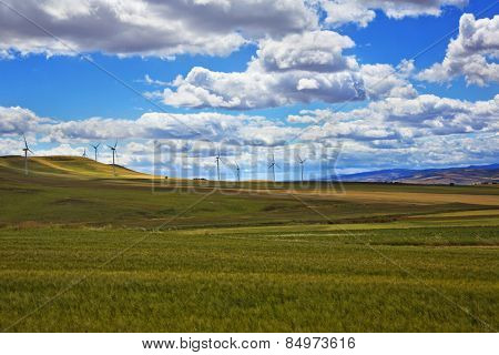 Wind turbines on a hill, Vallata, Avellino, Campania, Italy