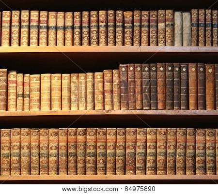 wooden bookshelf with antique books.