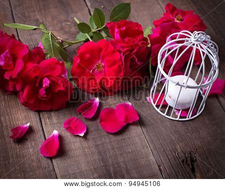 Postcard With Flowers Roses And Candle