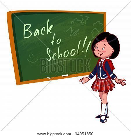 Cute Schoolgirl In Uniform Stands Near The School Board. Vector Illustration On A White Background.