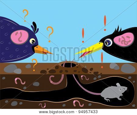 Two birds and mouse.