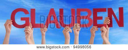 People Hold Straight Glauben Mean Believe Blue Sky