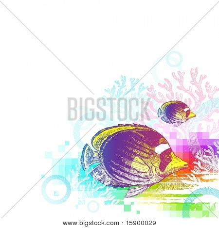 Abstrakte Vektor-Illustration - Unterwasserwelt mit Hand gezeichnet tropischer Fisch