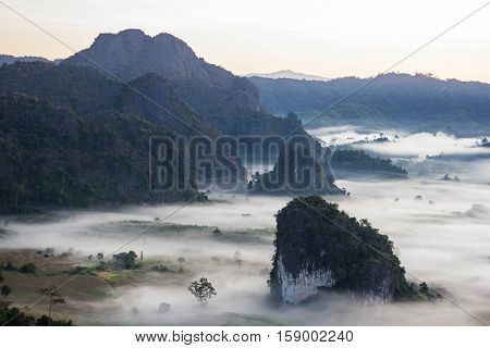 the landscape of misty mountains Phu Langka National Park.