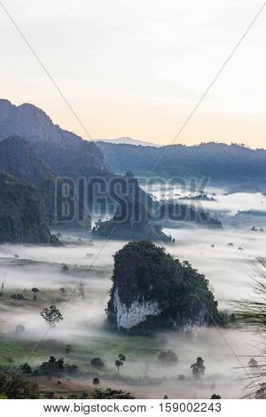the landscape of misty mountains Phu Langka National Park.