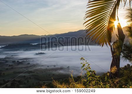 the landscape of misty mountains Phu Langka National Park.