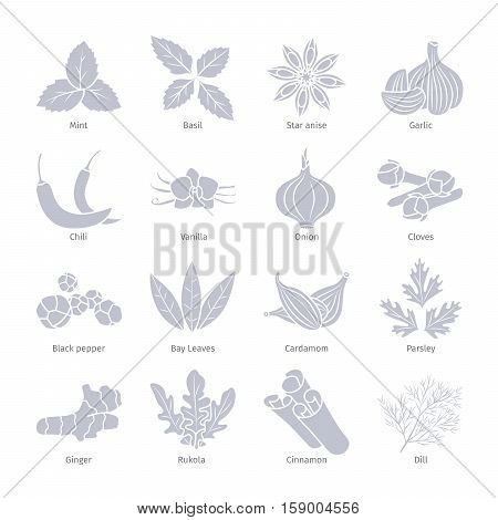 Condiments and spices vector silhouettes set on white