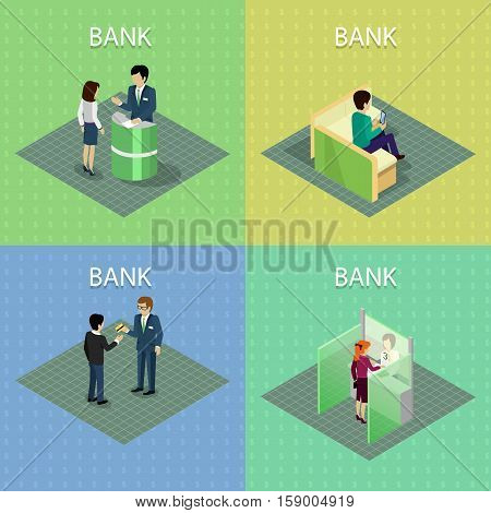 Set of bank concept vectors in isometric projection. Banking services. Work with customers in bank. Illustration for business and finance companies ad, apps design, icons, infographics.
