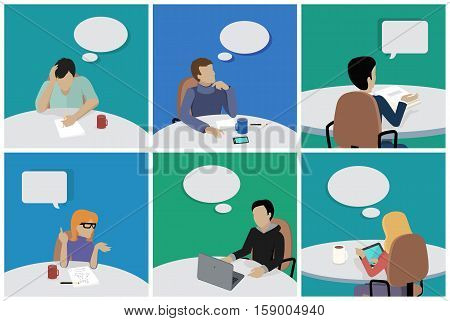 Set of people sitting and dreaming about smth. Man and woman at work. Different pose and gestures. Endless work seven days a week. Working moments. Part of series of work at the office. Vector