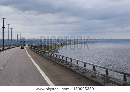 ORESUND, DENMARK - JUNE 29, 2016: This is the road from the Swedish Oresund Bridge to island Poberholm which is already in Denmark.