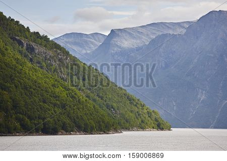 Norwegian fjord rocky landscape. Hellesylt Geiranger travel route. Tourism