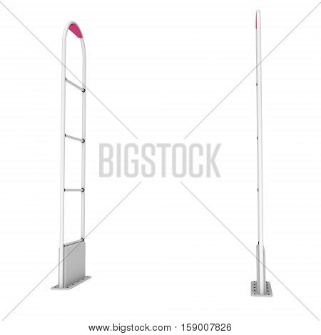 3D shop security anti-theft sensor gates. 3D render illustration of shoplifter scanner isolated on white background. Scanner entrance gate for prevent theft in shop or store. Security concept.