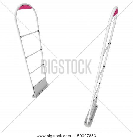 3D shop security anti-theft sensor gates. 3D render illustration of shoplifter scanner isolated on white background. Scanner entrance gate for prevent theft in shop or store. Security concept.