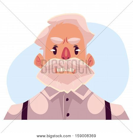 Grey haired old man face, angry facial expression cartoon vector illustrations isolated on blue background. Old man, grandfather frowns, feeling distresses, frustrated, sullen, upset. Angry face