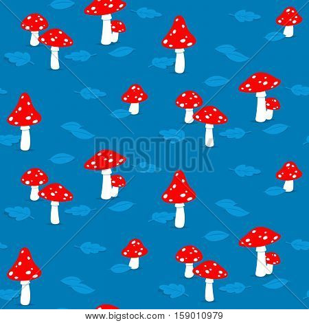 Seamless toadstool background pattern with red and white spotted mushrooms on a blue background with autumn leaves vector illustration