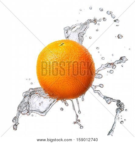 Water splash and fruits isolated on white backgroud with clipping path. Fresh orange