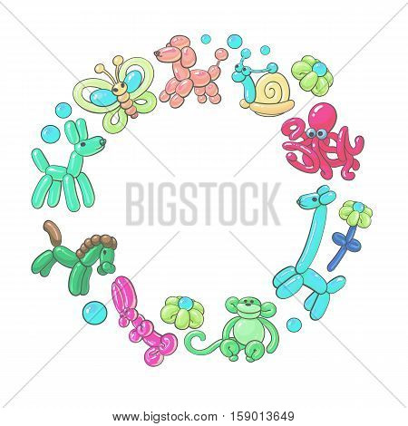 Round frame of balloon animals - dog, giraffe, flower, rabbit, horse, rabbit, monkey, cartoon vector illustration isolated on white background. Inflatable toys made of twisted balloons, round frame