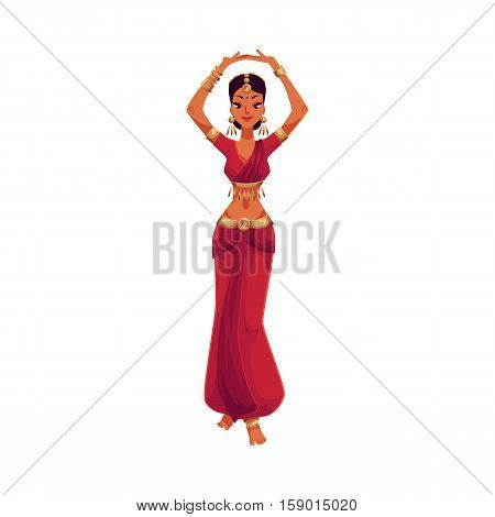 Indian female dancer in traditional costume, cartoon vector illustration isolated on white background. Traditional Indian female dancer in sari, national costume, Bollywood performer