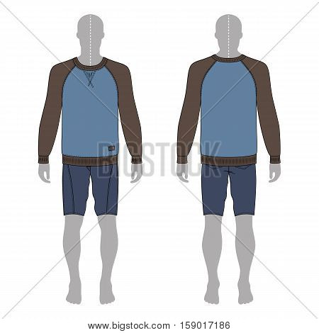 Full length man's grey silhouette figure in a sweatshirt and skinny shorts template (front & back view) vector illustration isolated on white background