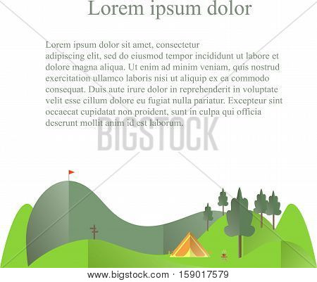 Background with green hills, trees, orange tent below on white, lorem ipsum, travel conception flat design stock vector illustration
