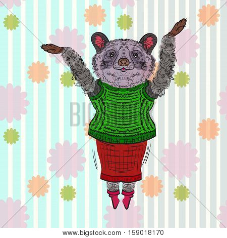 Raccoon in a green sweater and skirt. Naughty dance