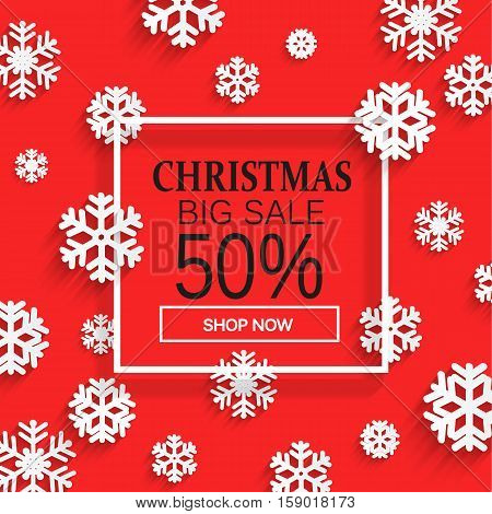 Christmas sale. Christmas abstract red background with snowflakes. Vector illustration banner.