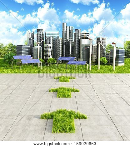 Concept the way to clean the city. Arrow from grass on a concrete background indicating green city. 3D illustration