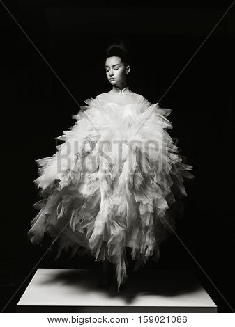 Art fashion studio photo of beautiful elegant woman in luxury evening dress. Drawing of shadows and light. Light and color effects. Fashion style