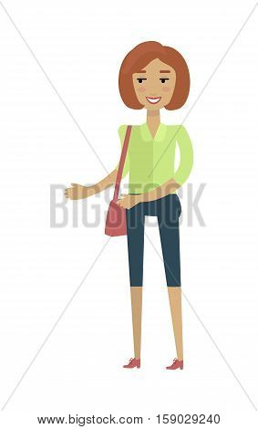 Young european woman in green blouse and blue breeches with leather bag. Caucasian beautiful girl. Attractive teenager lady in casual clothes. Part of series of people of the world. Vector illustration