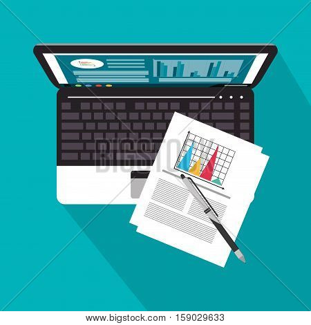 Laptop and infographic icon. Worktime office supplies and workforce theme. Colorful design. Vector illustration