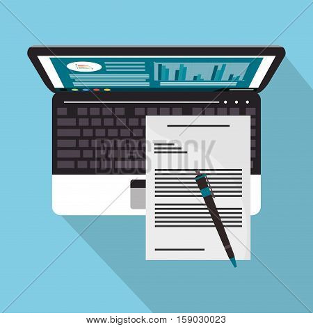 Laptop and document icon. Worktime office supplies and workforce theme. Colorful design. Vector illustration