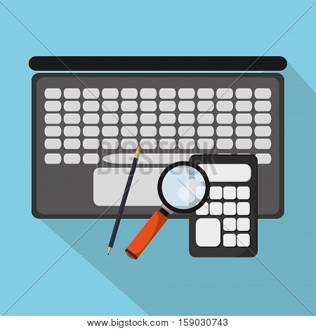 Laptop and lupe icon. Worktime office supplies and workforce theme. Colorful design. Vector illustration