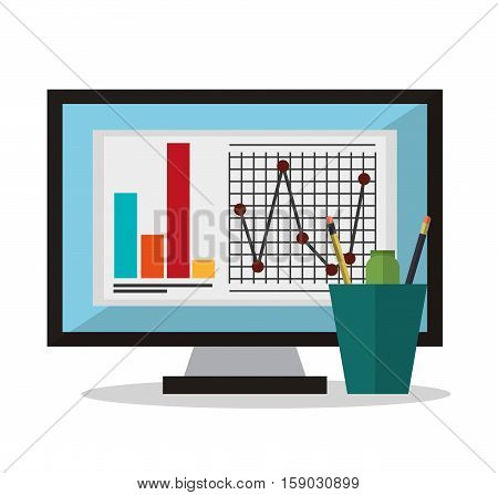 Computer and infographic icon. Worktime office supplies and workforce theme. Colorful design. Vector illustration