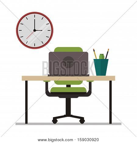 Laptop table mug and clock icon. Worktime office supplies and workforce theme. Colorful design. Vector illustration