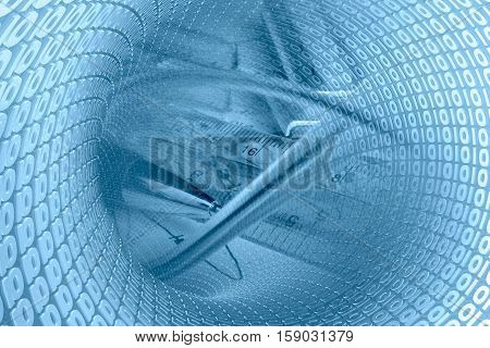 Business background in blues with digits ruler calculator and pen.