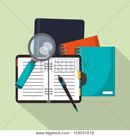 Notebook and lupe icon. Worktime office supplies and workforce theme. Colorful design. Vector illustration