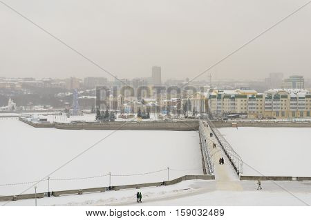 November 27 2016: Photo of Cheboksary bay on the Volga River in winter. Chebocksary. Russia.