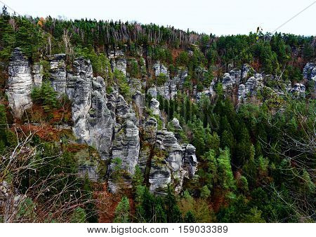 Picturesque view of Bastei. It is a rock formation towering 194 metres above the Elbe River in the Elbe Sandstone Mountains of Germany major landmark of the Saxon Switzerland National Park. Germany