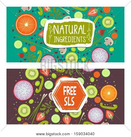 Free SLS horizontal flyers set vector illustration. Vegetarian, gmo free, fresh and natural, vegan, raw food, gluten free, healthy lifestyle, bio and eco nutrition concept. Fruits and vegetables.