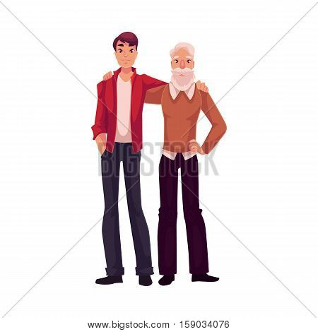 Handsome grandson hugging with his granddad, cartoon vector illustration isolated on white background. Full length portrait of young man hugging his grandad, family connection