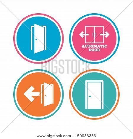 Automatic door icon. Emergency exit with arrow symbols. Fire exit signs. Colored circle buttons. Vector