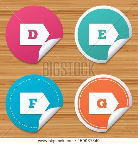 Round stickers or website banners. Energy efficiency class icons. Energy consumption sign symbols. Class D, E, F and G. Circle badges with bended corner. Vector