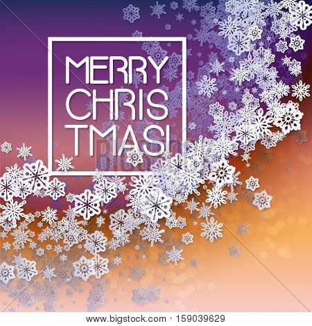 Round snow frame with Merry Christmas text.. Winter frame made of snowflakes of various size. Circle shape. New Year, Christmas blue and purple abstract background.