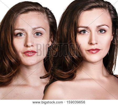 Comparison portrait of young woman before and after retouch