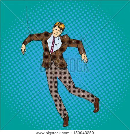 Vector illustration of man hanging on strings like a marionette in retro pop art comic style. Manipulated employee or businessman.