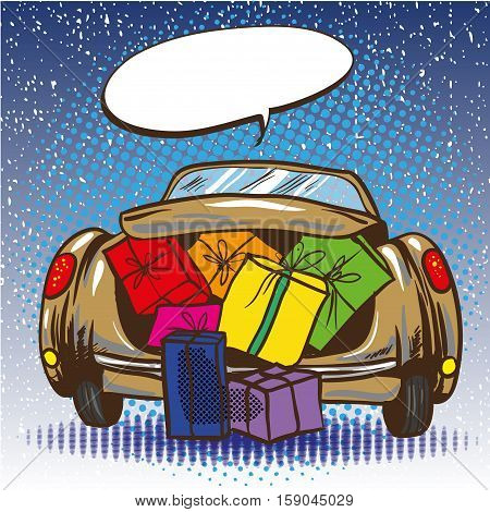 Vector illustration of opened car trunk full of gifts in retro pop art comic style. Holiday shopping. Merry Christmas gifts.