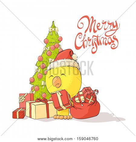 Chicken near a Christmas tree with gifts. Symbol 2017.