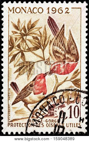 LUGA RUSSIA - NOVEMBER 29 2016: A stamp printed by MONACO shows European Robin (Erithacus rubecula) known simply as robin or robin redbreast - a small insectivorous passerine bird circa 1962
