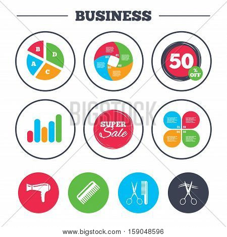 Business pie chart. Growth graph. Hairdresser icons. Scissors cut hair symbol. Comb hair with hairdryer sign. Super sale and discount buttons. Vector
