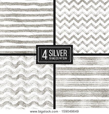 Set of seamless pattern of silver glitter stripes, zigzag chevron, wavy stripe, seamless texture silvery lines, wave, zig zag stripe, hand drawn vector pattern for paper, card, invitation, wedding, web